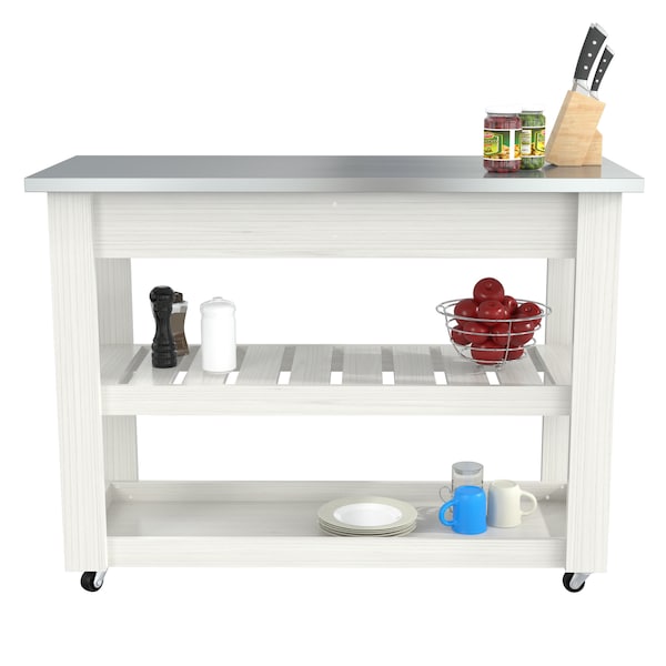 Kitchen Cart In White With Stainless Steel Top 46.8 In. W X 33.8 In. H X 19.7 In. W